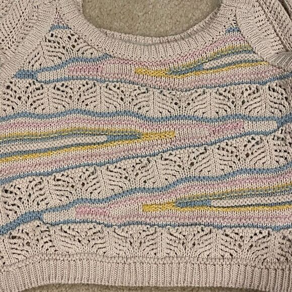 NWOT Zara Multi Color Pointelle Knit Ruffle Sleeve Cream and Pastel Crop Top - Picture 3 of 5